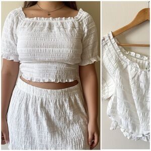 Ivory White Puckered Stretch Smocked Ruched Off‎ The Shoulder Milk Maid Blouse